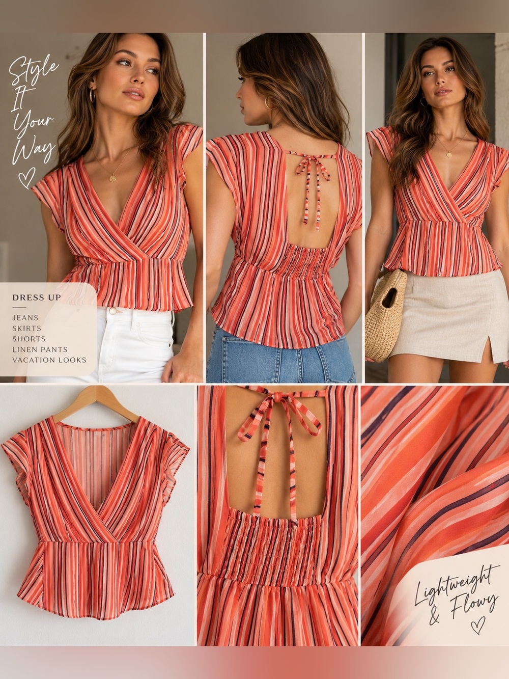 GUESS Striped Peplum Top Open Back Tie Detail Size M